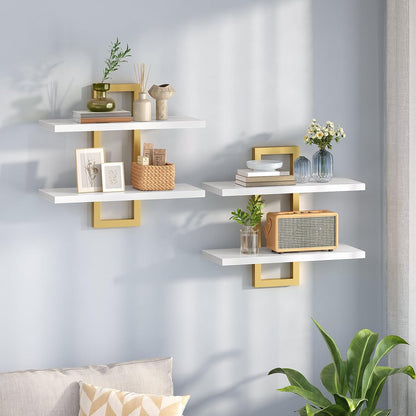 HOOBRO Floating Shelves, 15 Inch Wall Shelf Set of 2, Wall Mounted Storage Shelves 2-Tier, Hanging Bathroom Shelves, for Living Room, Bedroom, Bathroom, Kitchen, Rustic Brown and Black BF32BJ01G1