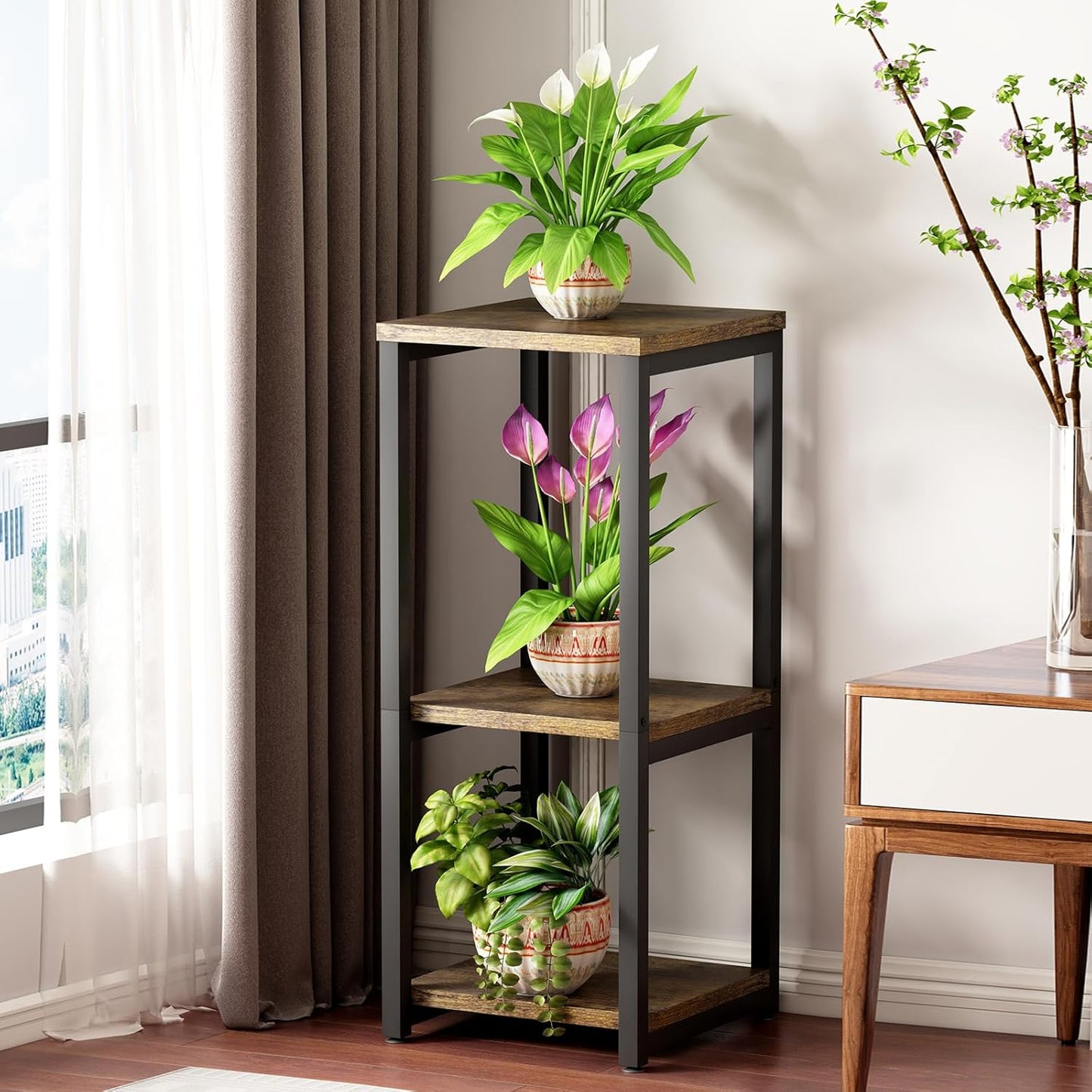 Plant Stand Indoor Corner Tall 2 Tier Metal Modern Flower Storage Plant Shelf Holder for Living Room Balcony Garden,Black (2 Tier-Black Round)