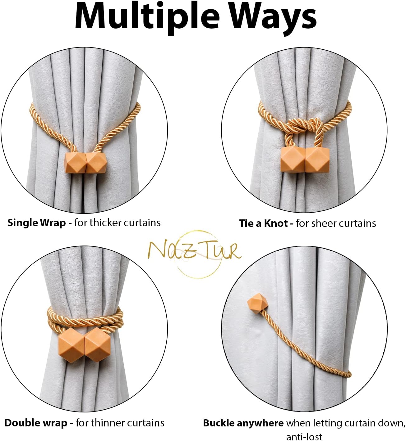 NazTur Magnetic Curtain Tiebacks- Upgrade 2022 with a Thicker Twist Rope & Strong Magnet Tieback Window Treatment Holdbacks Draperies Holders Decorative Drape Handmade Tie Back (Black, 2)
