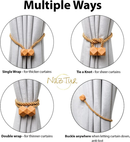 NazTur Magnetic Curtain Tiebacks- Upgrade 2022 with a Thicker Twist Rope & Strong Magnet Tieback Window Treatment Holdbacks Draperies Holders Decorative Drape Handmade Tie Back (Black, 2)