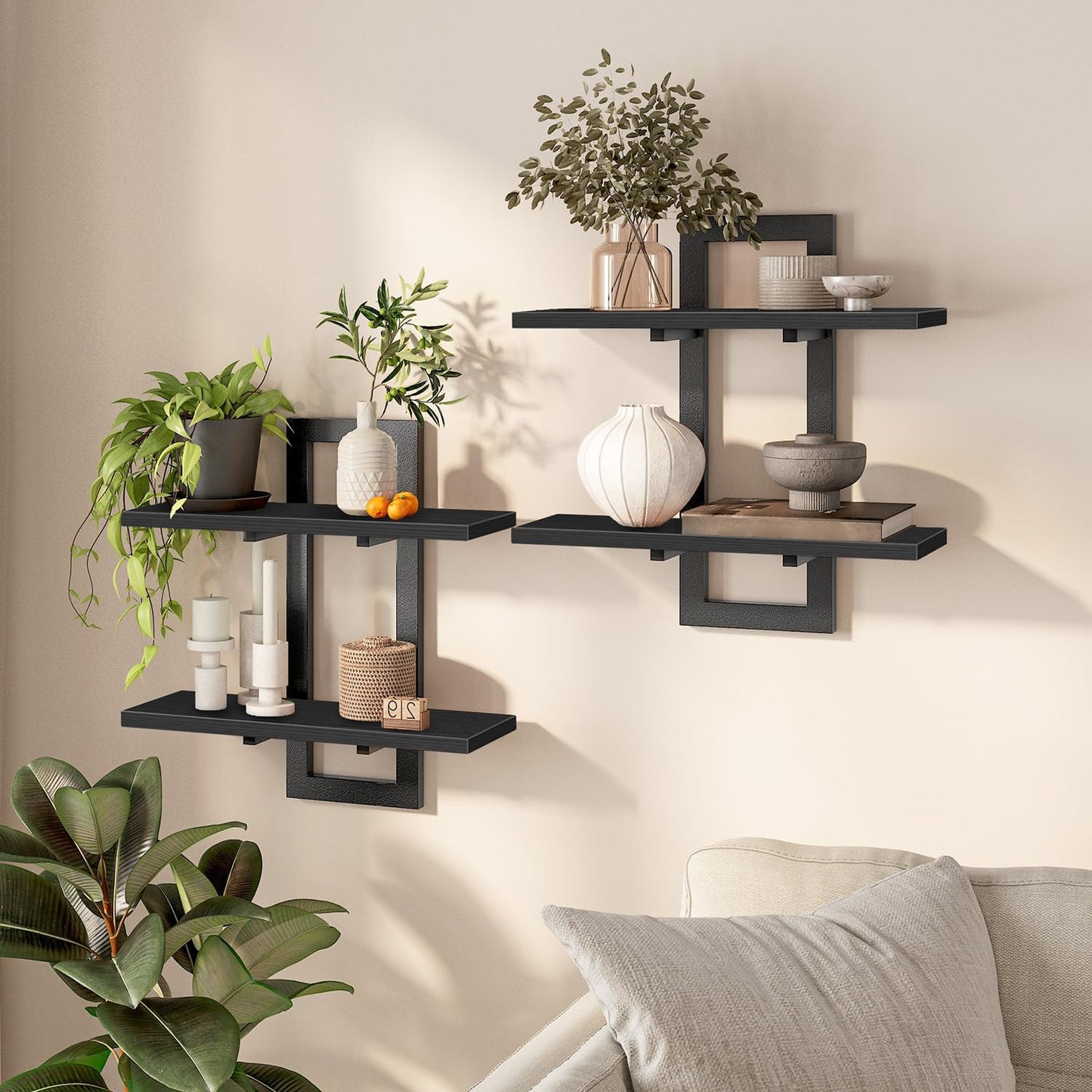 HOOBRO Floating Shelves, 15 Inch Wall Shelf Set of 2, Wall Mounted Storage Shelves 2-Tier, Hanging Bathroom Shelves, for Living Room, Bedroom, Bathroom, Kitchen, Rustic Brown and Black BF32BJ01G1