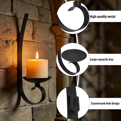 Set of 2 Black Wrought Iron Wall Mount Candle Sconces - Farmhouse Style Hanging Candle Holders for Living Room, Bathroom, Dining Room, and Window Decor (2, Black-B Style)