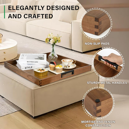 Large Square Ottoman Tray for Living Room and Coffee Table, Decorative Acacia Wood Serving Tray with Metal Handles for Breakfast in Bed, Dinner Food Kitchen TV (Natural, 20" x 20" x 2")