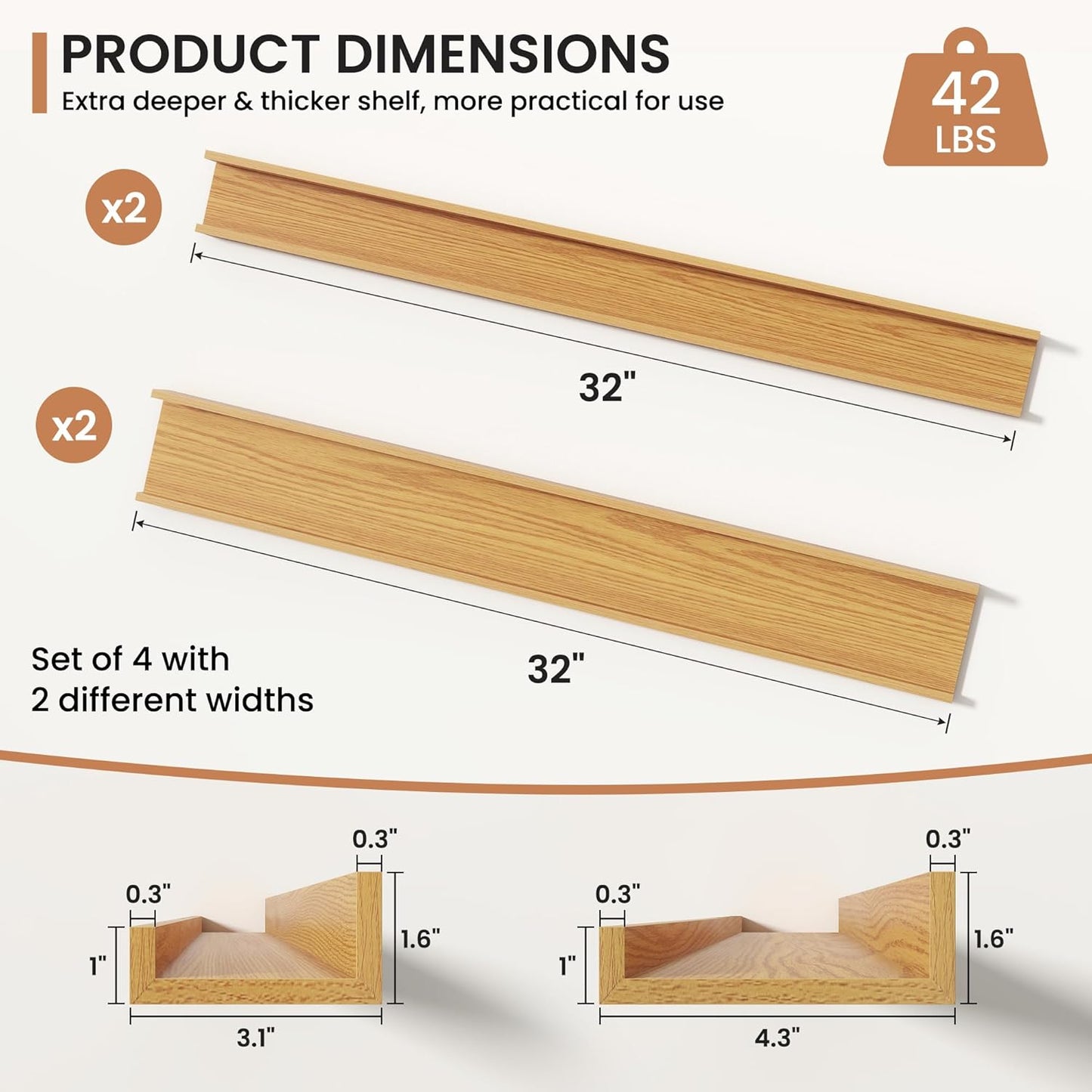 Fun Memories Picture Ledge Shelves Set of 2, 32 Inch Rustic Wall Mounted Floating Shelves with Lip for Home Storage and Décor in Bathroom, Kitchen, Nursery, Bedroom, Living Room, Walnut