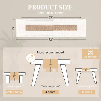 FEXIA Boho Table Runner for Thanksgiving Fall Christmas Home Decor with Tassels 72 Inches Long Pottery barn Furniture Farmhouse Rustic Macrame Burlap Table Decoration for Living Room (12x72 Inches)