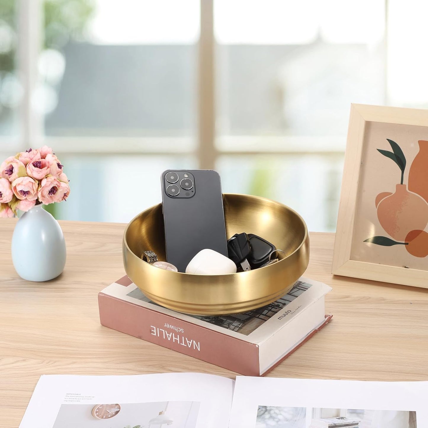 Key Bowl for Entryway Table Decorative Key Dish for Organizing Tabletop Catch All Bowl Gold Fruit Bowls for Kitchen Counter, Coffee Table,7.4 Inches