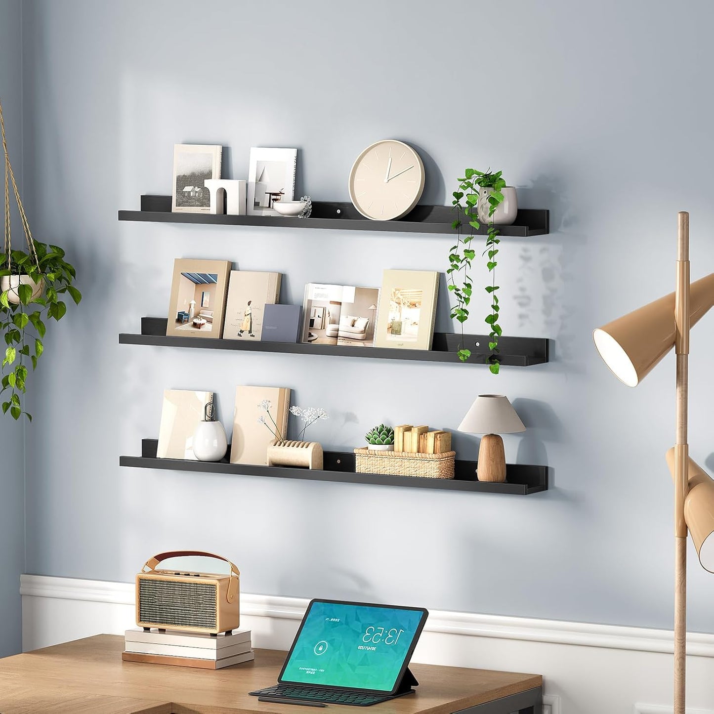 HOOBRO Floating Shelves, Wall Shelf Set of 3, 35.4 Inches Hanging Shelf with Raised Edge and Invisible Brackets, for Bathroom, Bedroom, Kitchen, Office, Living Room Decor, Rustic Brown BF90BJ01