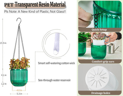 Melphoe 2 Pack Self Watering Hanging Planters Indoor Flower Pots, 6.5 Inch Outdoor Hanging Basket, Plant Hanger with 3Hooks Drainage Holes for Garden Home (Emerald)