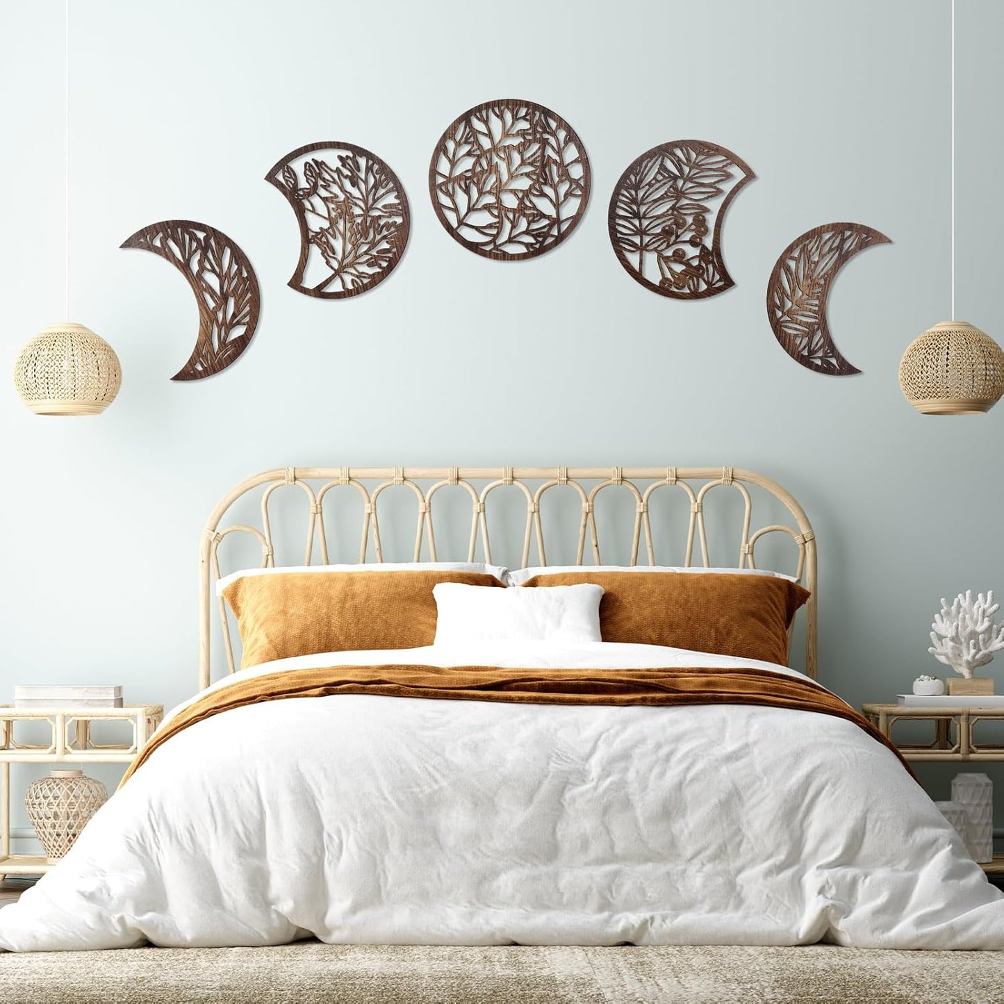 Jetec 5 Pcs Moon Phase Wall Art Decor Wall Pediments Hanging Wooden Phase Spiritual Bedroom Nordic Boho Lunar Aesthetic Art for Living Room Dorm Apartment Ornament(Brown,10.6 Inch,Botanical)
