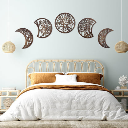 Jetec 5 Pcs Moon Phase Wall Art Decor Wall Pediments Hanging Wooden Phase Spiritual Bedroom Nordic Boho Lunar Aesthetic Art for Living Room Dorm Apartment Ornament(Brown,10.6 Inch,Botanical)