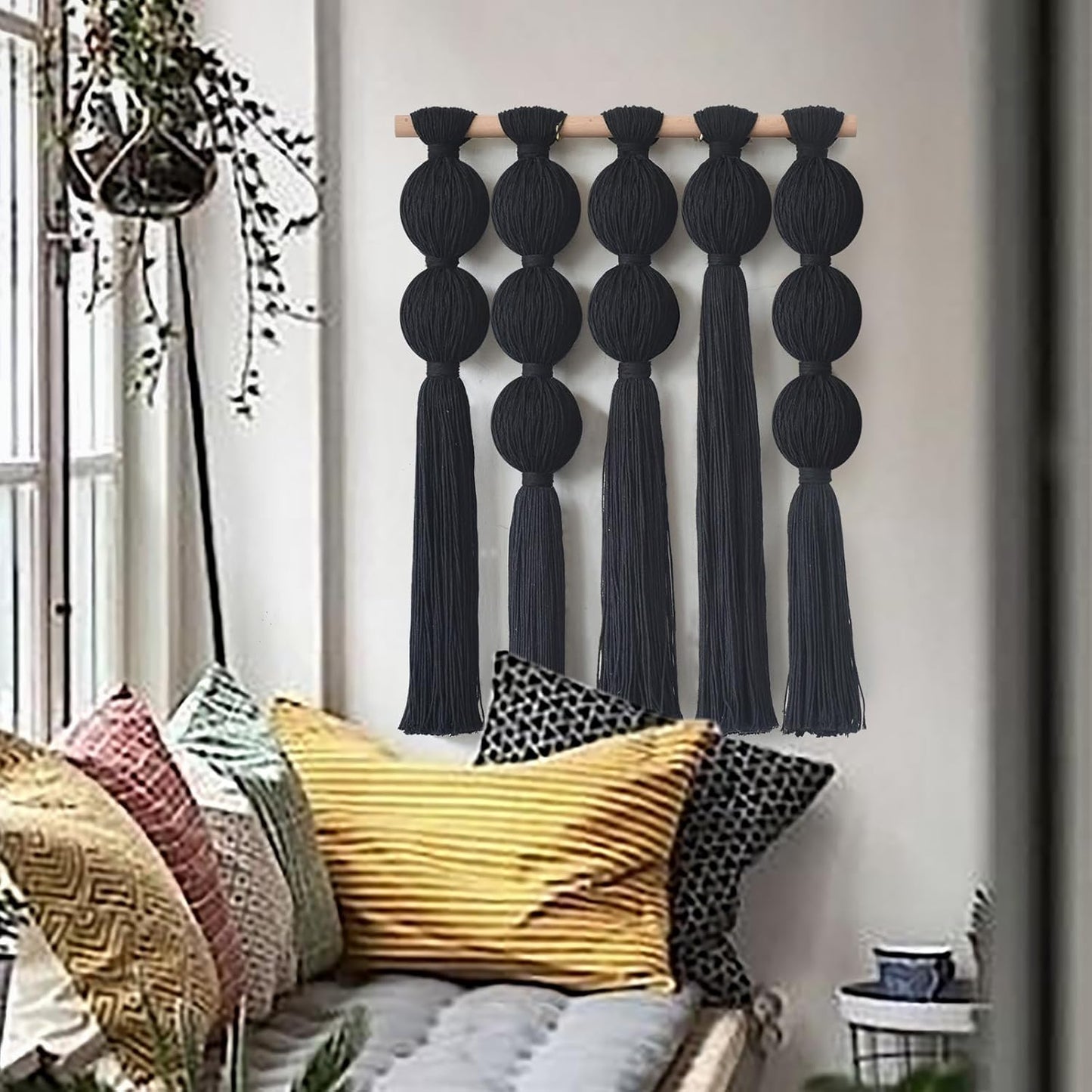 Macrame Wall Hanging Boho Home Decor Handmade Cotton Fiber Art with Neutral Ivory Tassels Modern Bohemian Wall Decor for Living Room Bedroom Apartment 27" W x 22" L
