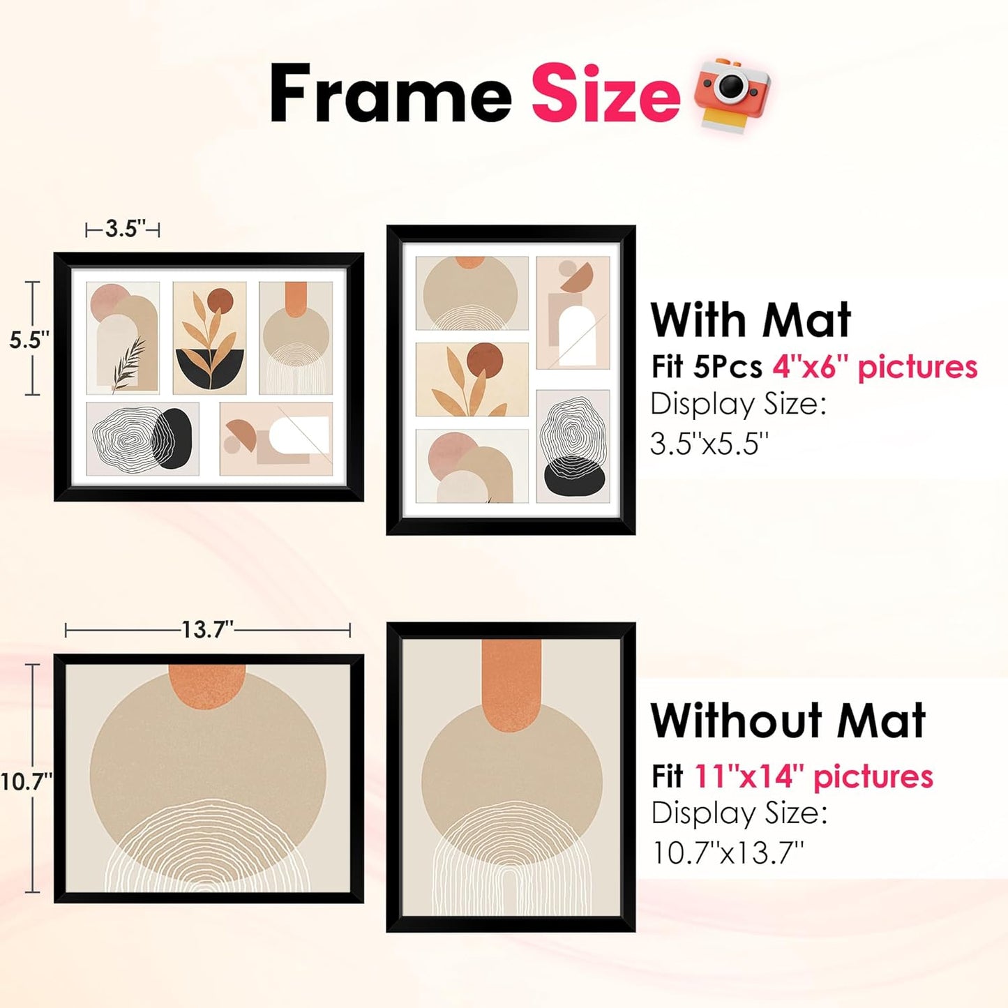 FIXSMITH 8x10 Picture Frame Set of 2, Photo Frame with HD Plexiglass, Display Pictures 5x7 with Mat or 8x10 Without Mat Multi Picture Frames Collage for Tabletop or Wall Display, Black