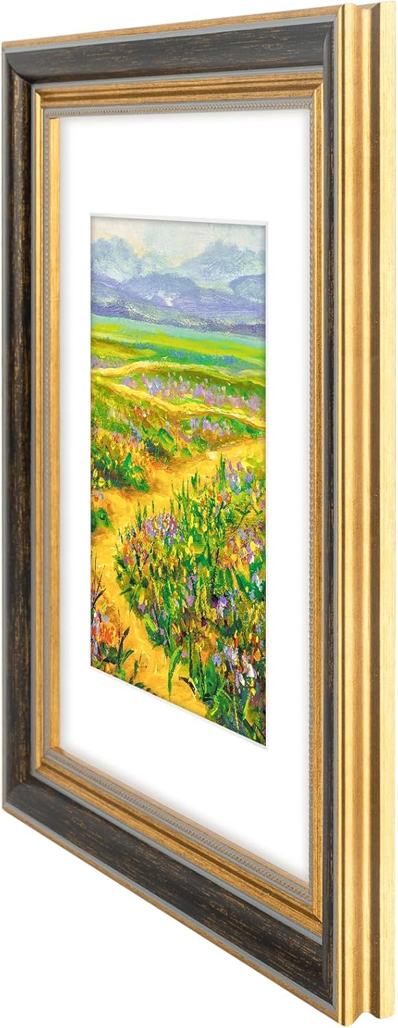 Golden State Art,11x14 Ornate Picture Frame for 8x10 Photo with Mat or 11 x 14 Prints without Mat,Real Glass Wall Display(Color:Green Gold)