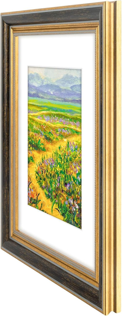 Golden State Art,11x14 Ornate Picture Frame for 8x10 Photo with Mat or 11 x 14 Prints without Mat,Real Glass Wall Display(Color:Green Gold)