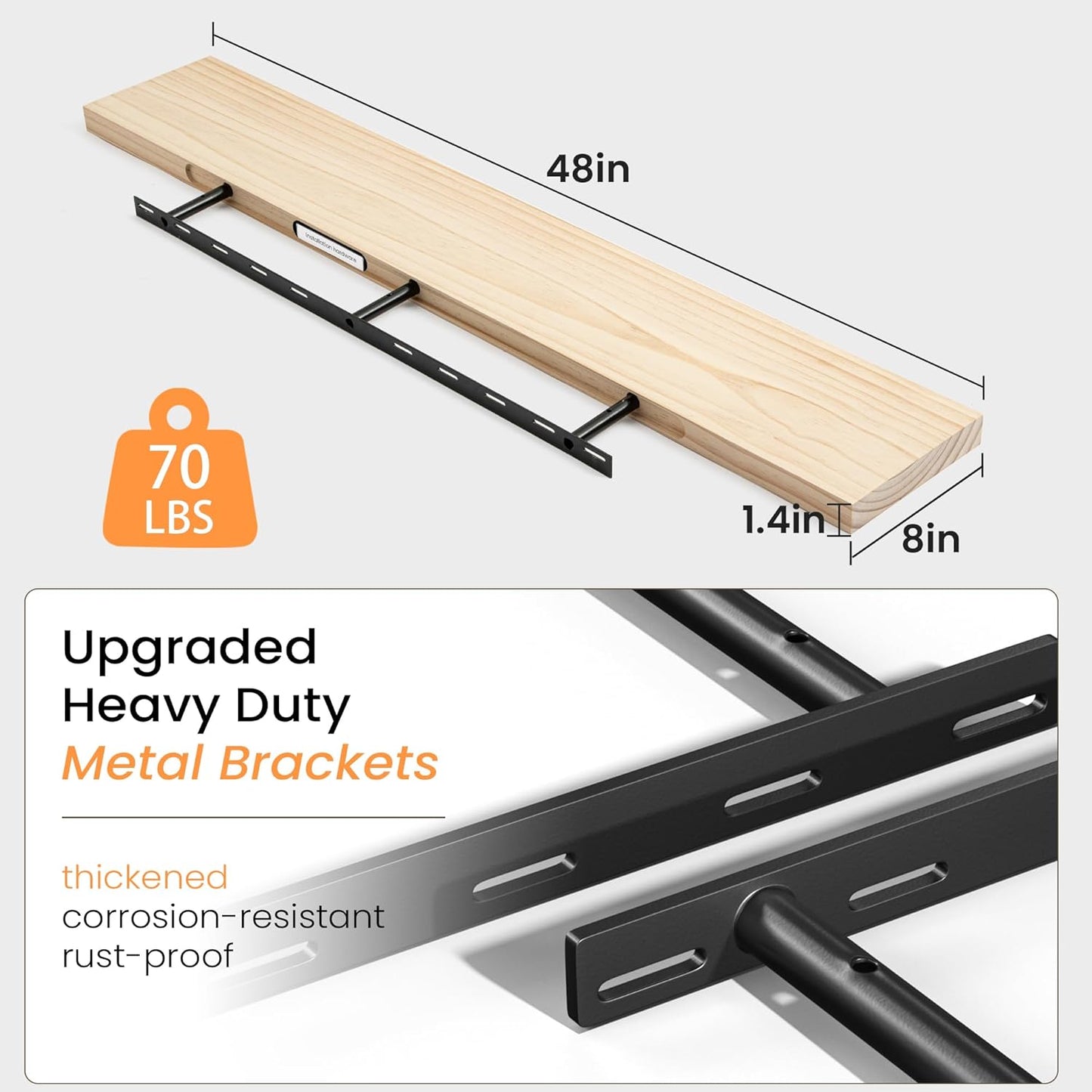 Floating Shelves 36 Inches Long - 8 Inch Deep Rustic Premium Solid Pine Wood for Storage - Farmhouse Wall Mounted for Living Room - Heavy-Duty Metal Bracket - 36" W x 8" D - Set of 2 - White Color