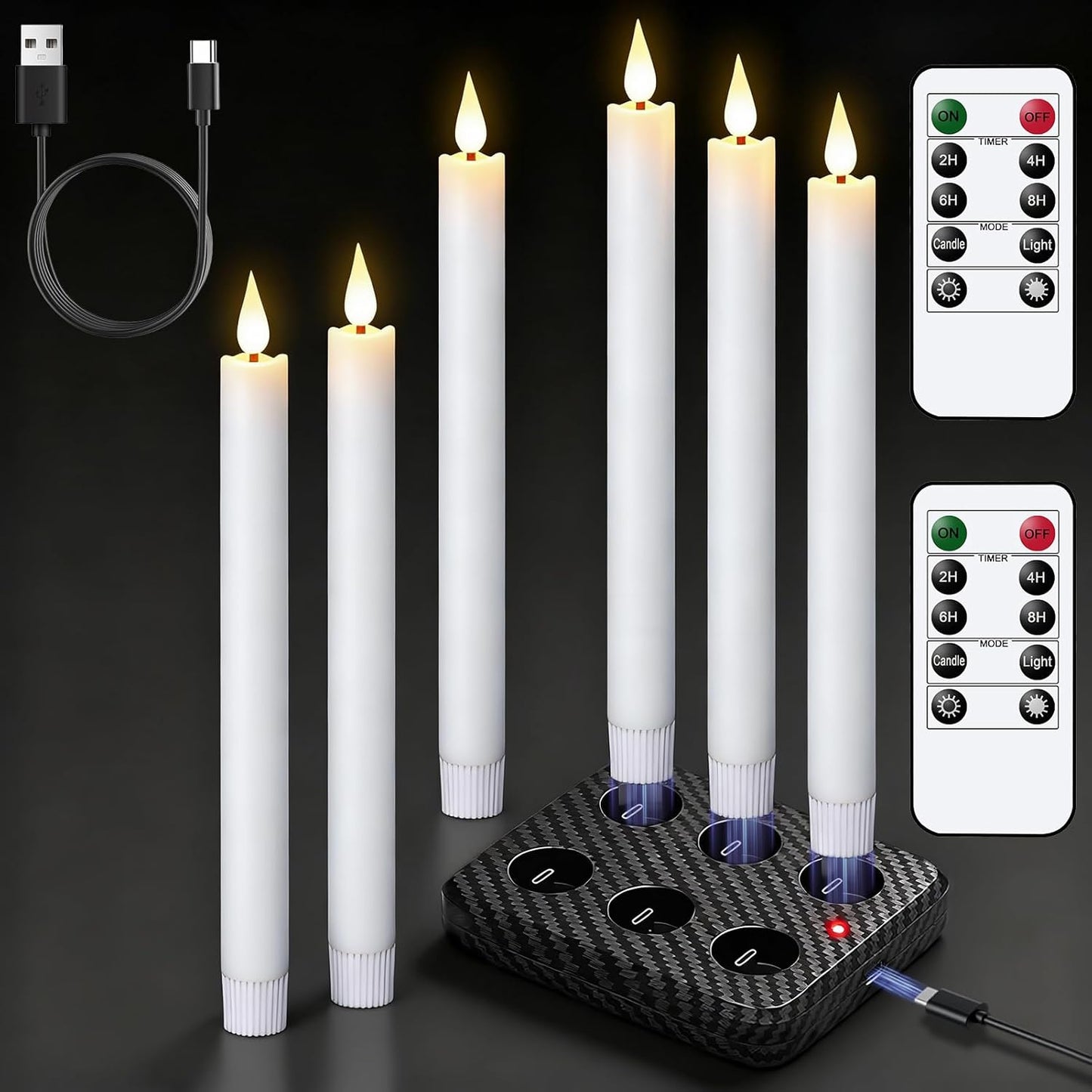 GenSwin Flameless Ivory Taper Candles Flickering with 10-Key Remote, Battery Operated Led Warm 3D Wick Light Window Candles Real Wax Pack of 6, Christmas Home Wedding Decor(0.78 X 9.64 Inch)