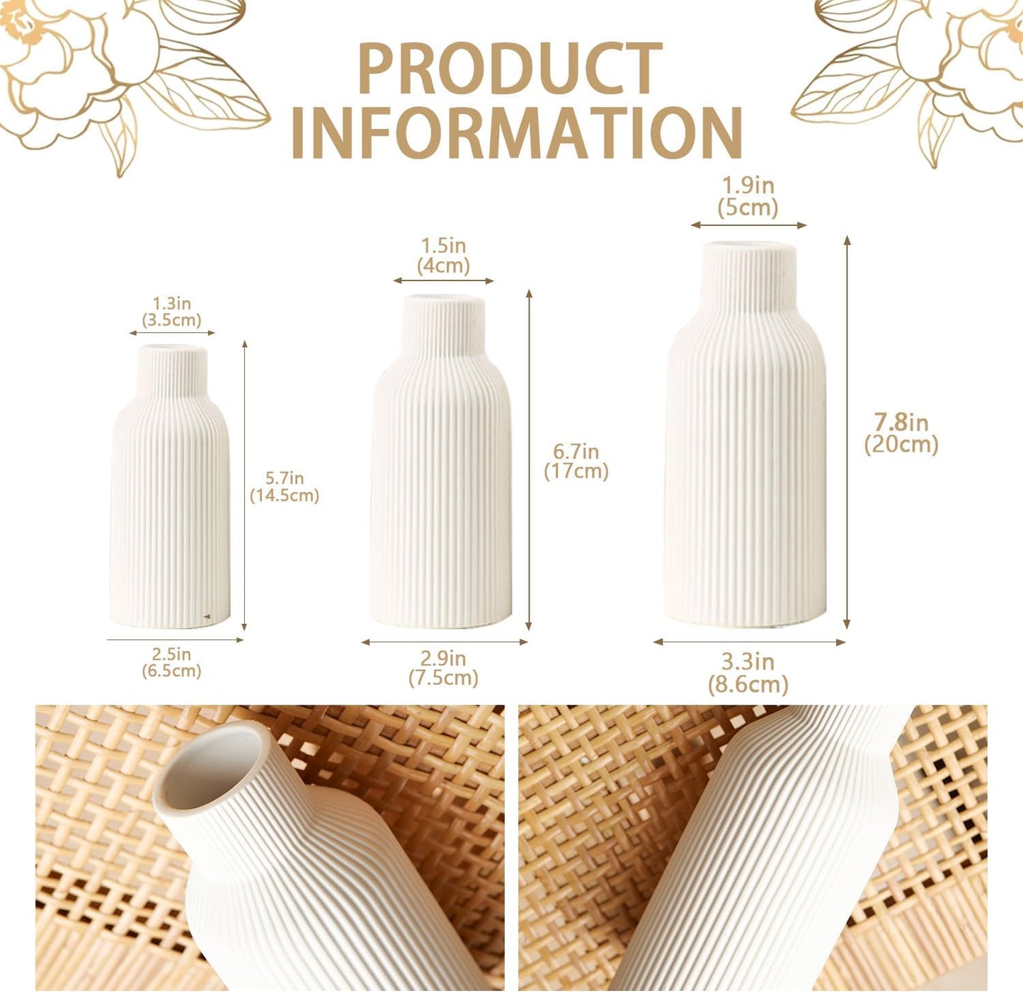 Bohemian White Ceramic Vase - for Pampas Grass, Mantel, Bookshelf, Entryway and Living Room Decor (White, 7in)