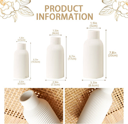 Bohemian White Ceramic Vase - for Pampas Grass, Mantel, Bookshelf, Entryway and Living Room Decor (White, 7in)
