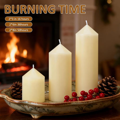 12-Pack Ivory Unscented Pillar Candle Set - 2x3, 2x6, 2x8-inch Long-Burning Drip-Free Tapers, 4 Per Size. Ideal for Home Decor, Weddings, Emergencies, and Holidays.