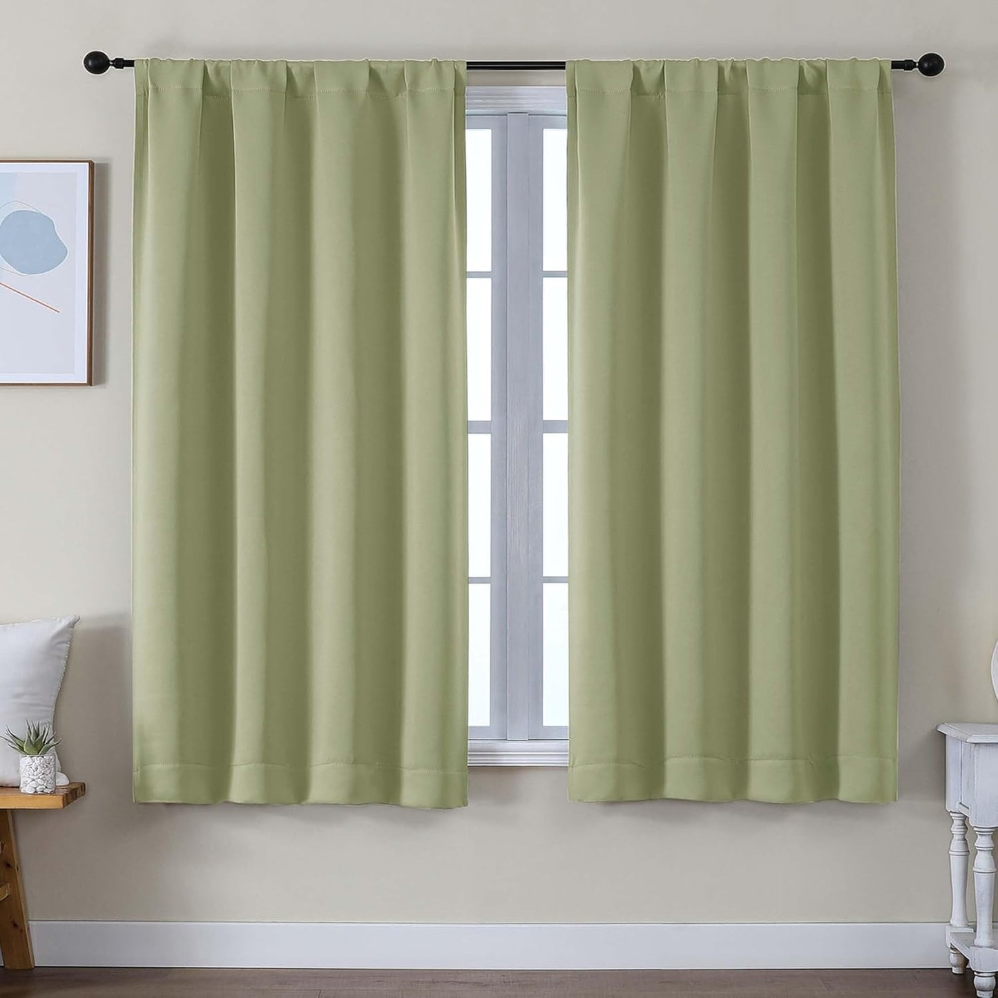 Simplebrand Ava Sage Green Blackout Curtains for Bedroom 63 Inch Length 2 Panels Set, Solid Thermal Insulated Energy Saving Rod Pocket Window Treatment Curtains Blackout Drapes, W40 x L63 Inch, Sage - Colors A