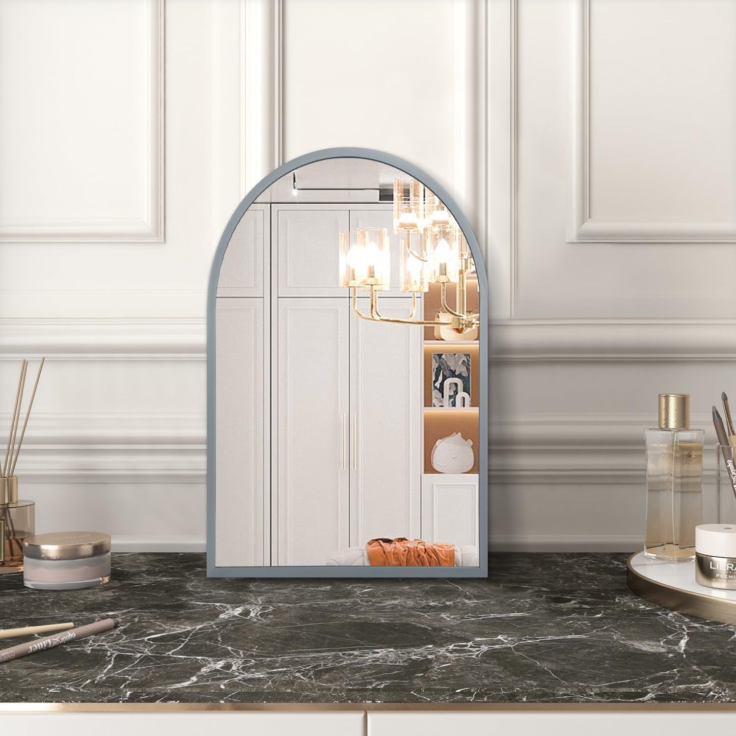 Black Arched Wall Mirror Aluminum Alloy Frame Bathroom Mirror Brushed Metal Vanity Wall Mounted Mirror for LivingRoom Bedroom Entryway Room Home Decor 16"x12"