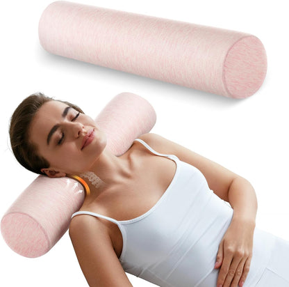 Memory Foam 4" Round Pillow, Cervical Neck Pillow for Pain Relief, Cylinder Pillows 18"x 4", Removable Cover, Neck Roll Pillow for Sleeping, Velvet Dots, Pink