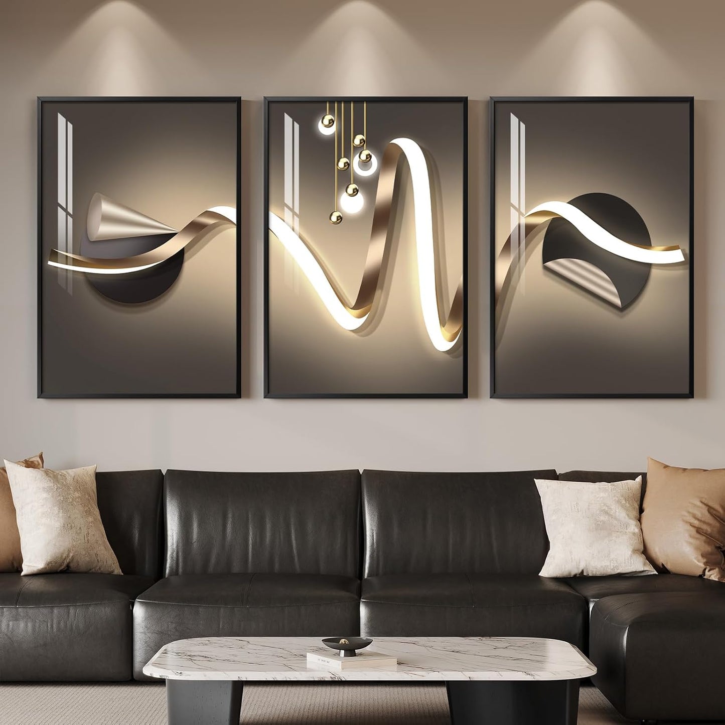 Framed Modern Luxury Gold Wall Art, Set of 3 Piece Contemporary Paintings Artwork for Walls, Golden Prints Pictures with Gold Frame, Wall Decor for Living Room, Hallway, Bedroom, Office 16x24 Inch
