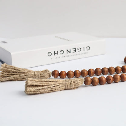 58in Wood Bead Garland with Tassels, Farmhouse Rustic Country Decor Prayer Boho Wall Hanging Decoration (Nature)