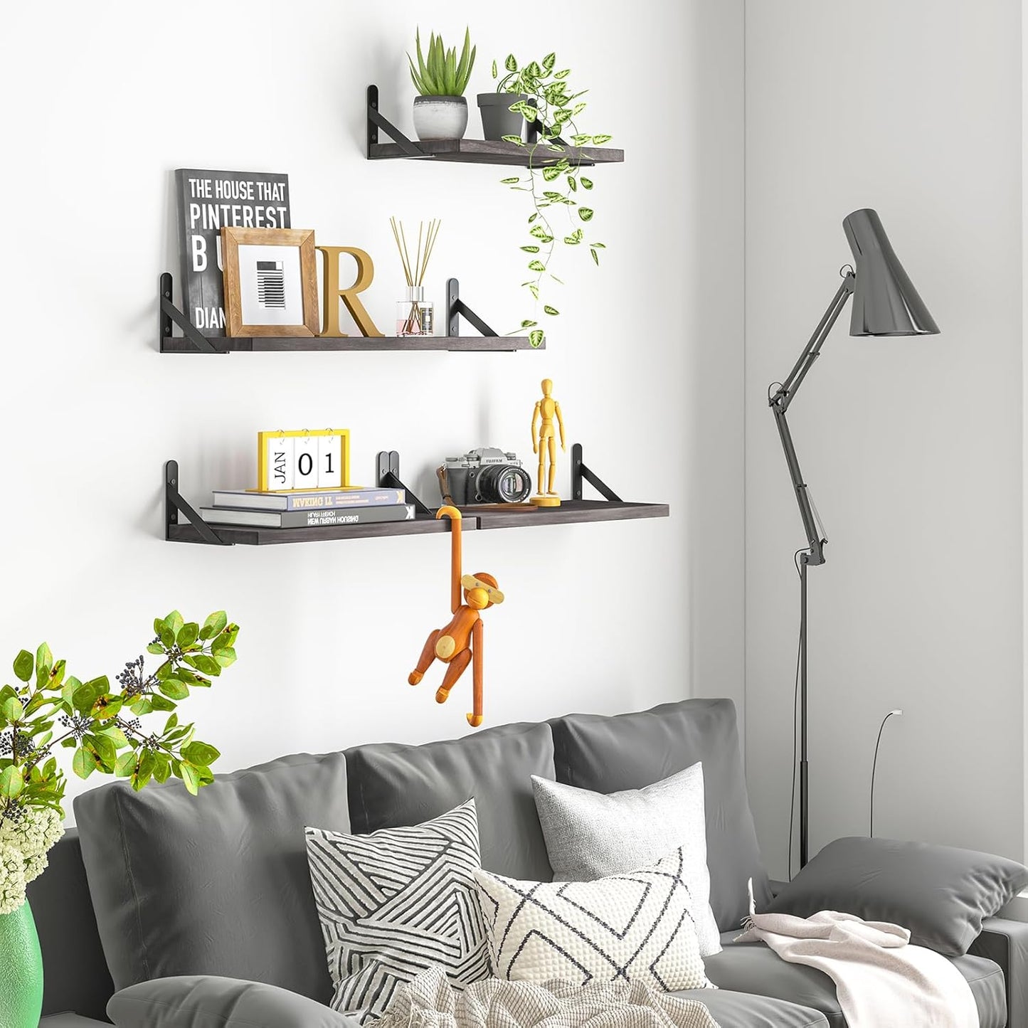 YGEOMER Floating Shelves for Wall, Different Sizes Dark Carbonized Brown Wall Shelves for Living Room, Bathroom, Bedroom, Kitchen, Home Decor (Set of 4)
