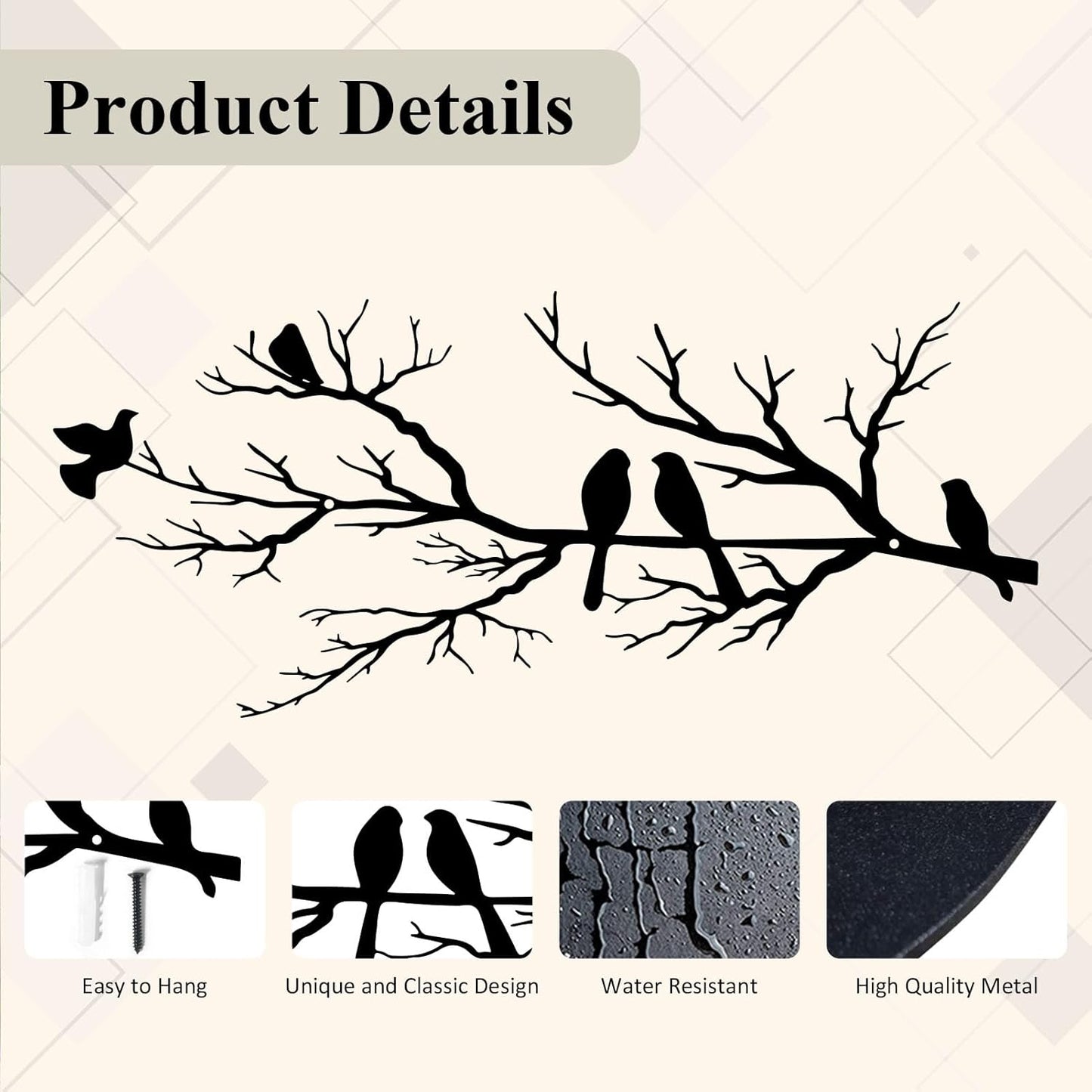 Metal Birds Wall Art, Metal Vivid Birds on Branch Silhouette Wall Decor Black Leaves with Bird Outdoor Hanging Wall Sculpture for Home Balcony Garden(Large)