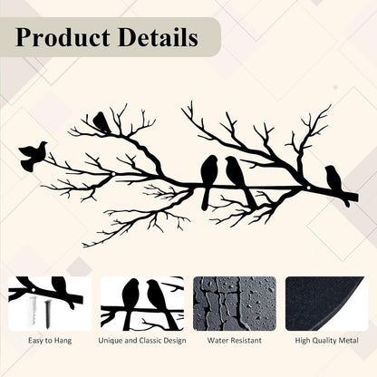 Metal Birds Wall Art, Metal Vivid Birds on Branch Silhouette Wall Decor Black Leaves with Bird Outdoor Hanging Wall Sculpture for Home Balcony Garden(Large)