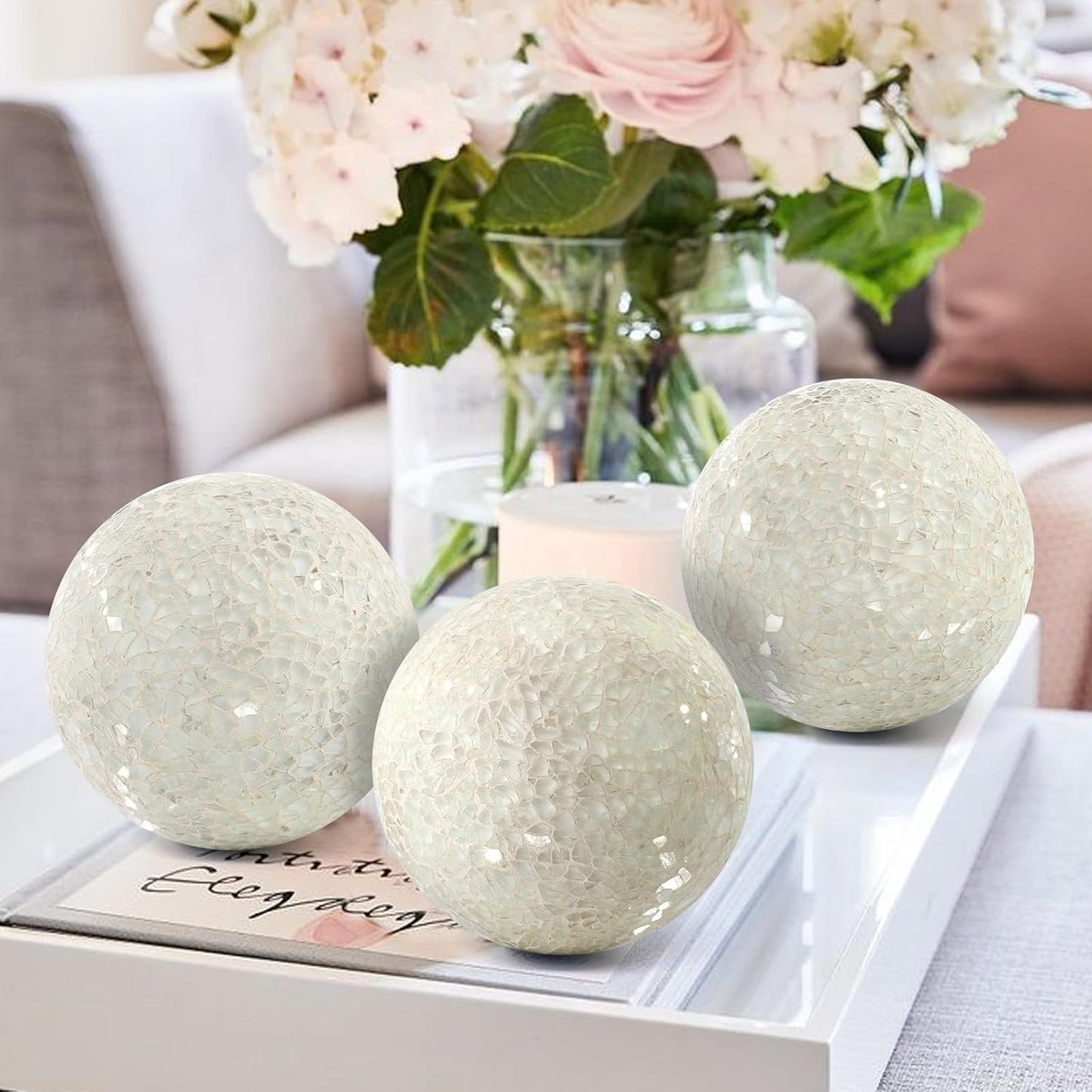 3Pcs Mosaic Glass Orbs Decorative Balls Set 8.5cm/3.35inch Blue Sphere Wedding Party Home Decor Table Centerpiece