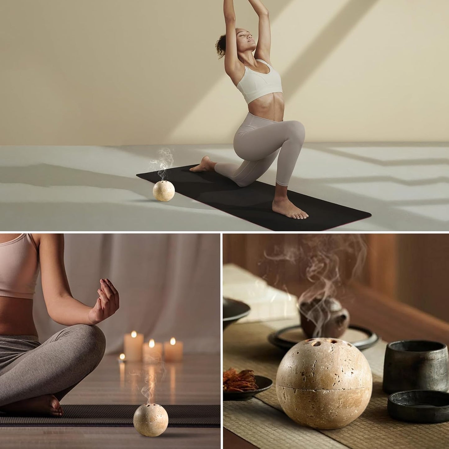 Koville Natural Marble Incense Holder, Incense Holder for Sticks with 9 Holes, Handmade Incense Burner Ash Catcher for Meditation Yoga SPA, Balsam Fir/Palo Santo/Sage/Cone (Green)