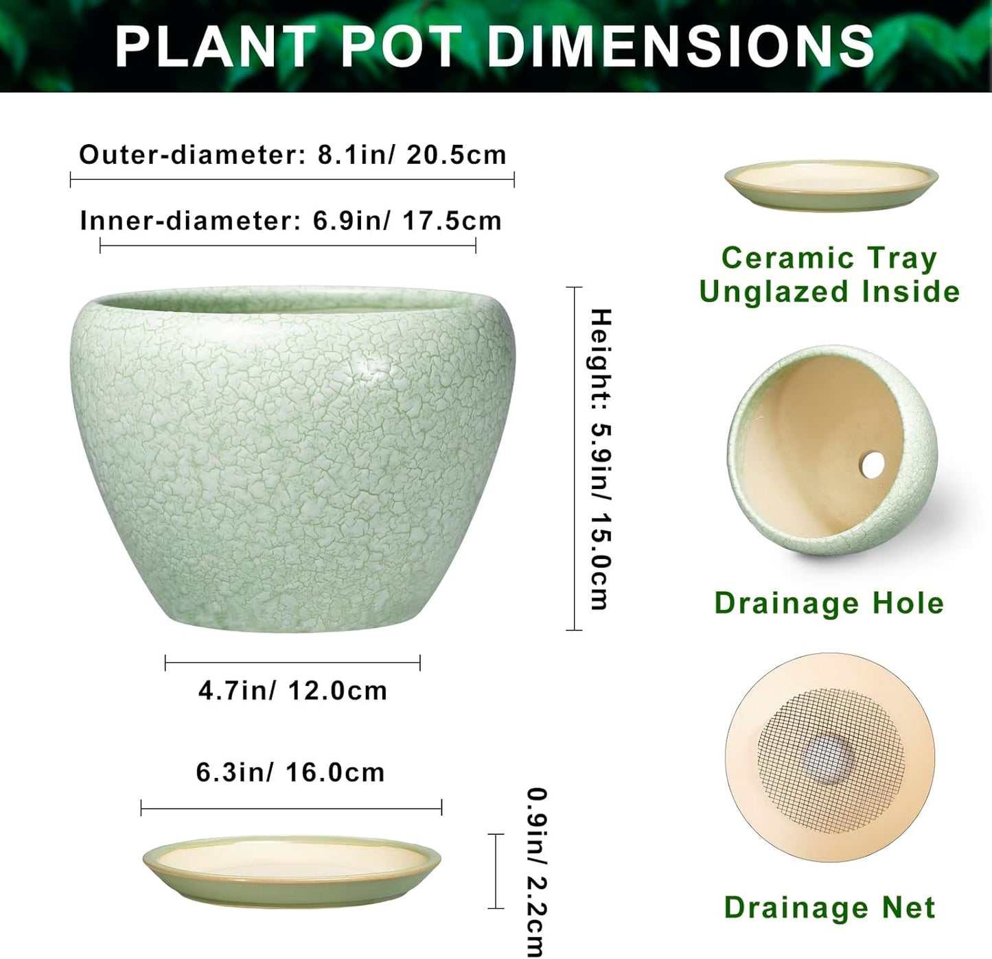 6 Inch Plant Pot - Ceramic Pots for Plants with Drainage Hole and Saucer, Round Succulent Planter Indoor Outdoor, Modern Flower Pot for Snake Plants, Home Decor, Gifts for Plant Lover, Blue
