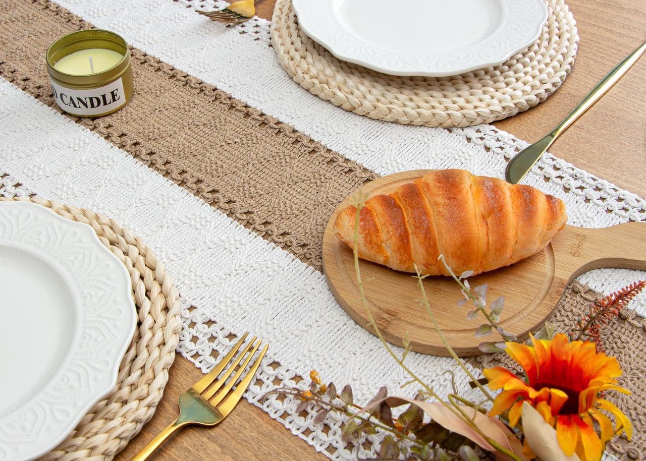 FEXIA Boho Table Runner for Thanksgiving Fall Christmas Home Decor with Tassels 72 Inches Long Pottery barn Furniture Farmhouse Rustic Macrame Burlap Table Decoration for Living Room (12x72 Inches)