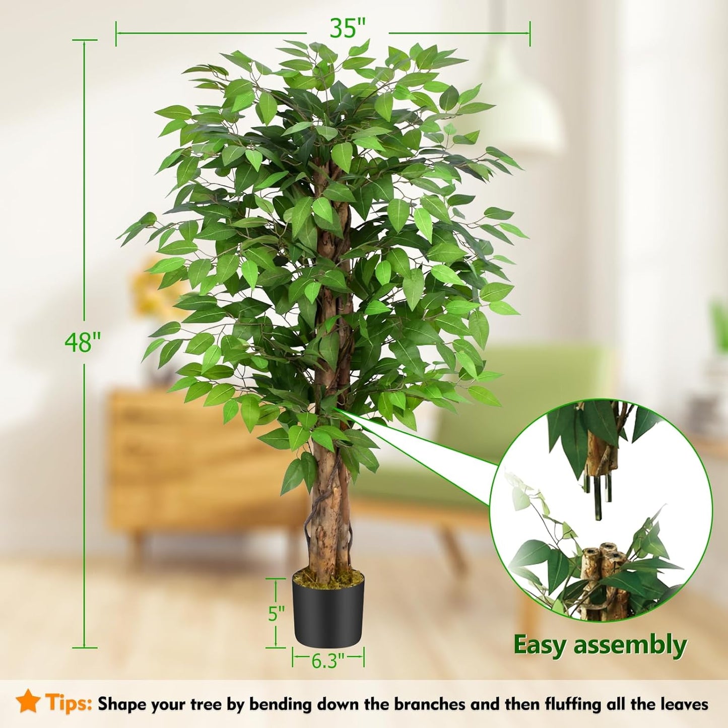 7ft Large Ficus Artificial Trees with Natural Curved Trunks, 84" Tall Lush Faux Tree for Home Decor Indoor, Green Lifelike Fake Ficus Tree Artificial Plants in Pot
