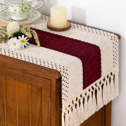 Socomi Boho Table Runner Summer Farmhouse Rustic Dining Kitchen Centerpiece Decor Small Macrame Woven Cotton Linen Coffee Table Runner for Dresser Scarf Home Decor 12x36 inch Beige