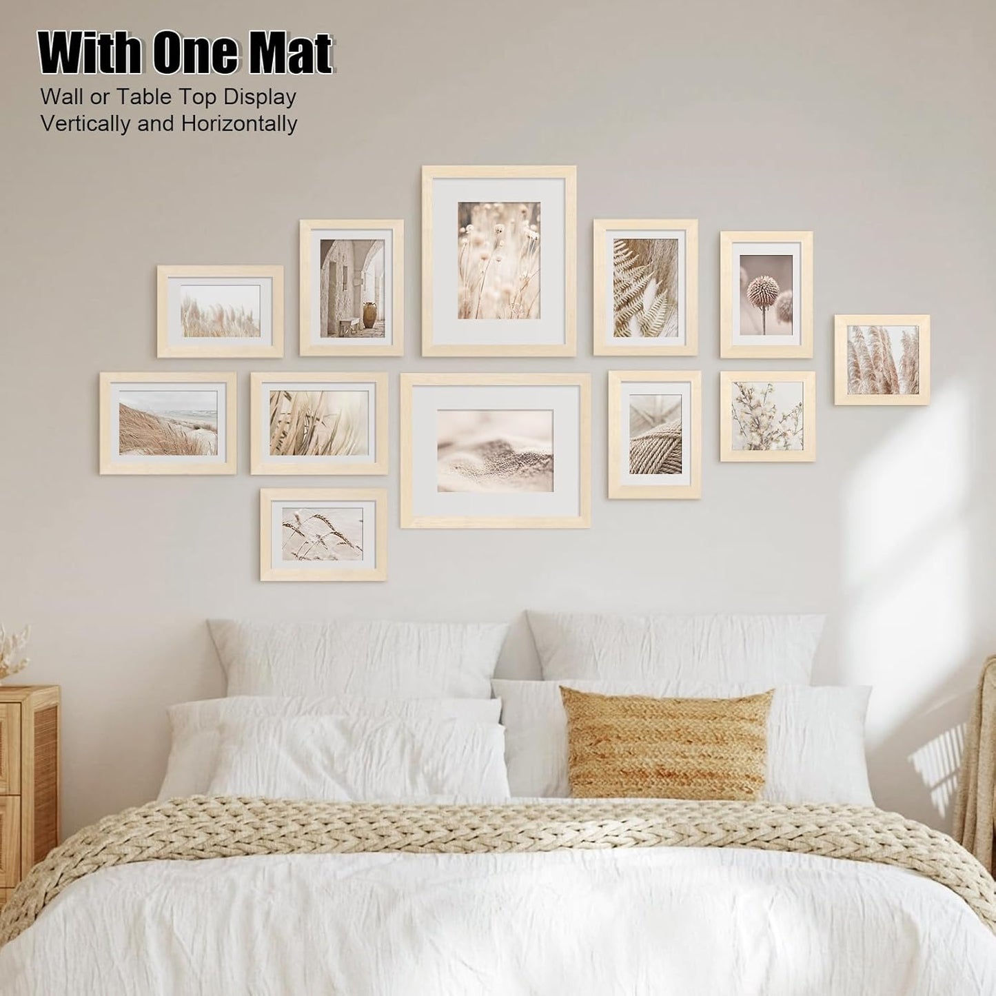 Egofine Picture Frame Set 12 Pack, Picture Frames Collage Wall Decor with Two 11x14, Two 8x10, Four 5x7, Four 4x6 for Wall and Tabletop, Made of Solid Wood, Covered by Plexiglass, Natural Wood