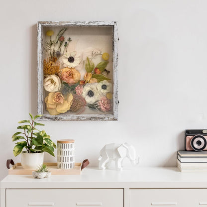 GraduationMall 13x16 Wood Shadow Box Frame Glass Door Display Case with Linen Back and 6 Stick Pins,1.5 inches Interior Depth,Ideal for Memorabilia Pictures Flowers Medals Tickets Rustic White