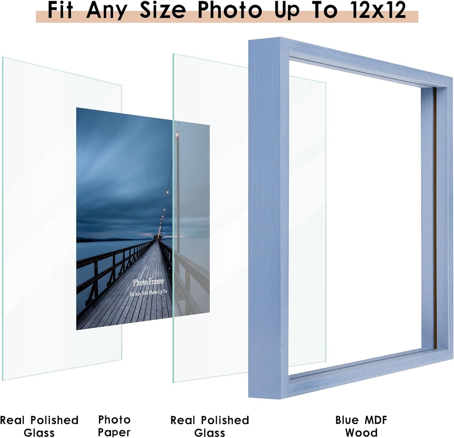 MUYE 11x14 Floating Frame Set of 2,Double Glass Rustic Frame,Display Any Size Photo up to 11x14,Wall Mount or Tabletop Standing,Natural