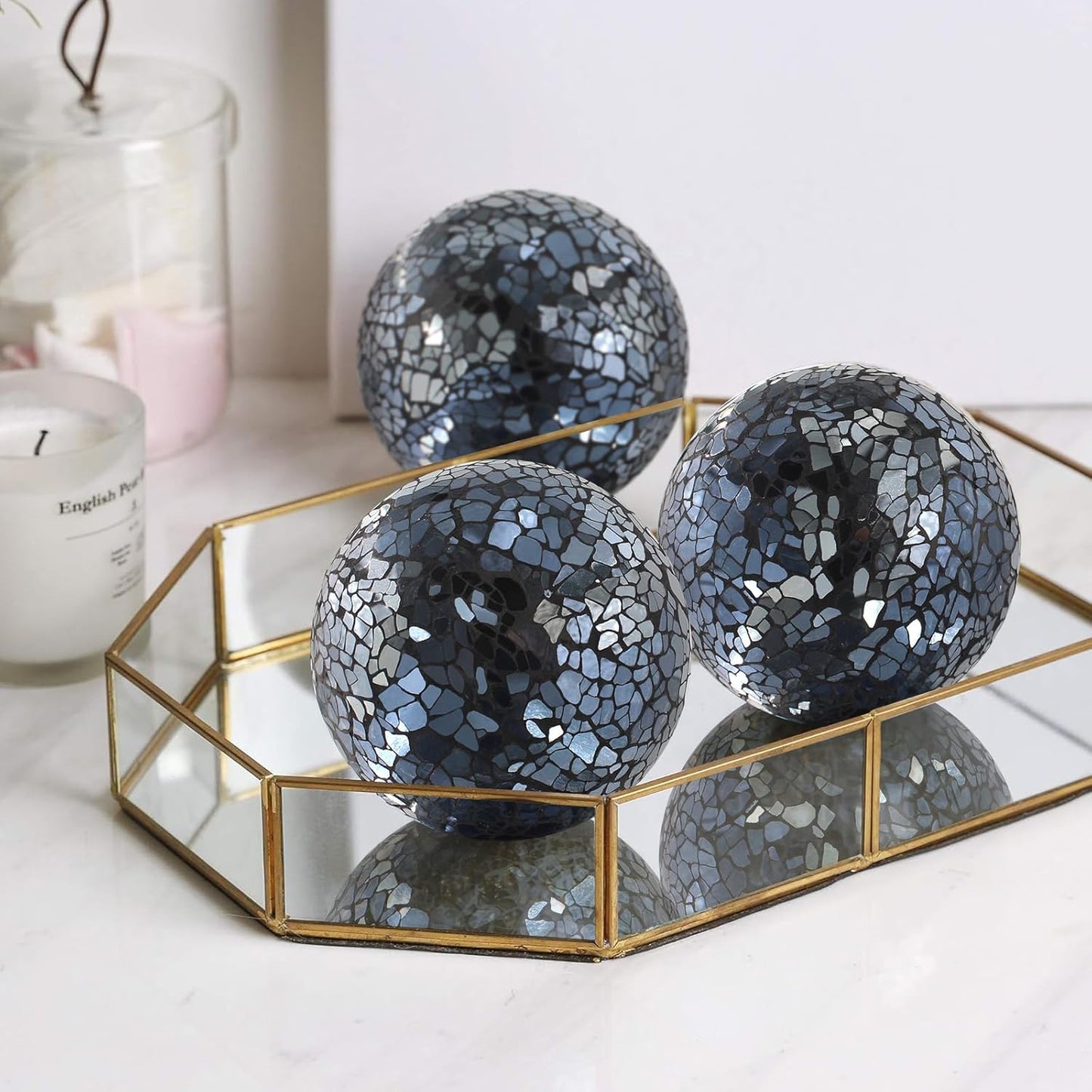 3Pcs Mosaic Glass Orbs Decorative Balls Set 8.5cm/3.35inch Blue Sphere Wedding Party Home Decor Table Centerpiece