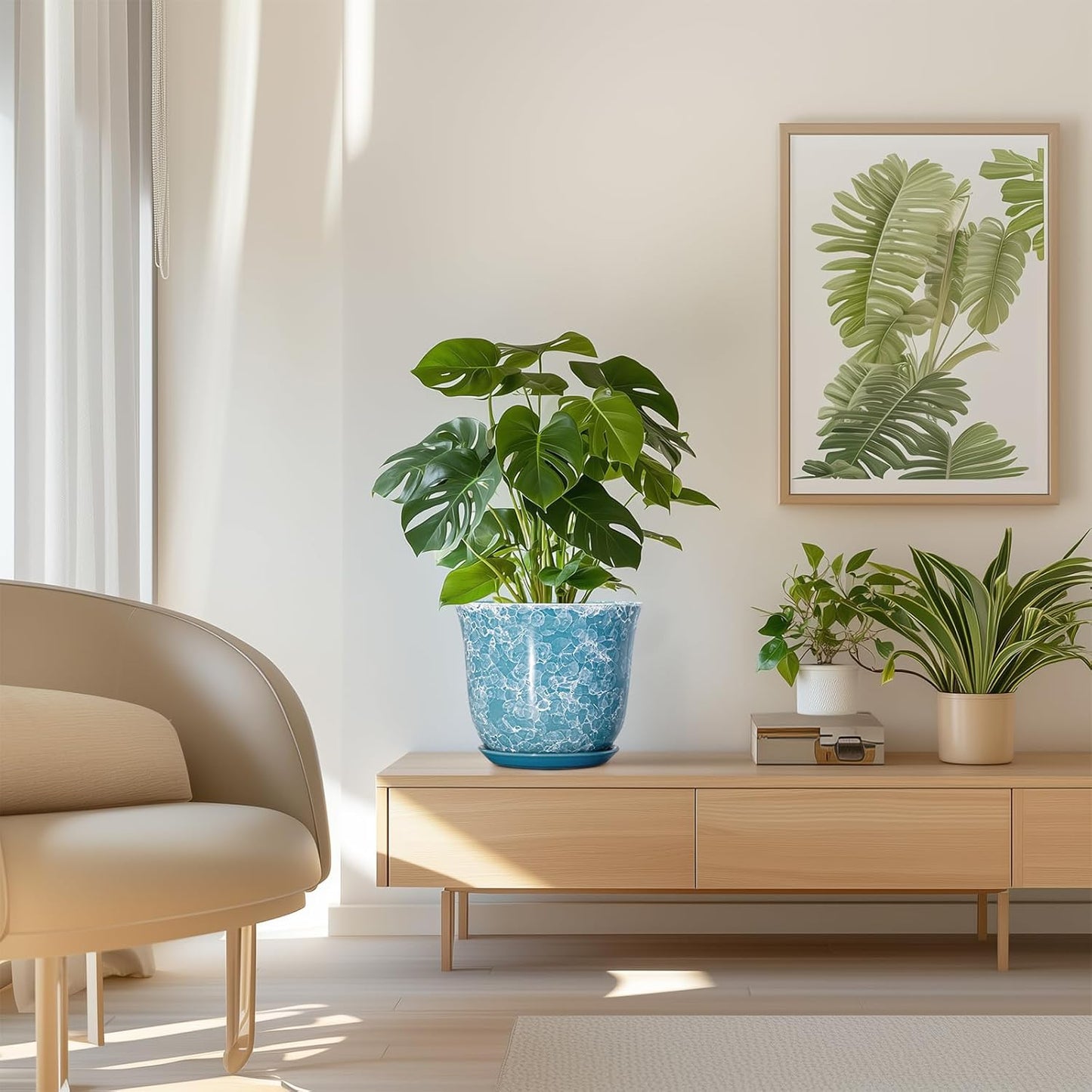 Ceramic Plant Pots - 12 Inch Pots for Plants Indoor Outdoor, Large Round Planter with Drainage Hole and Saucer, Modern Decorative Flower Pot, Home Garden Decor, House Warming Gifts, Blue
