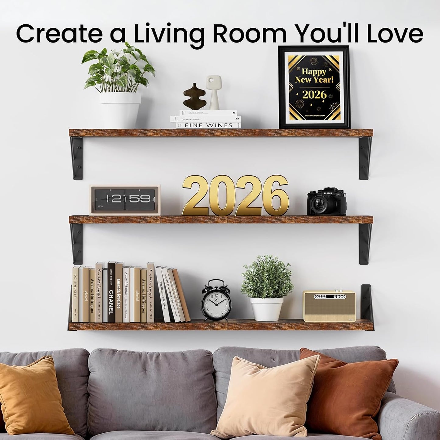 BAYKA Wall Mounted Floating Shelves, Wood Floating Wall Shelf for Books & Decor, Small Space-Saving Display & Organizer（Black，Set of 3）