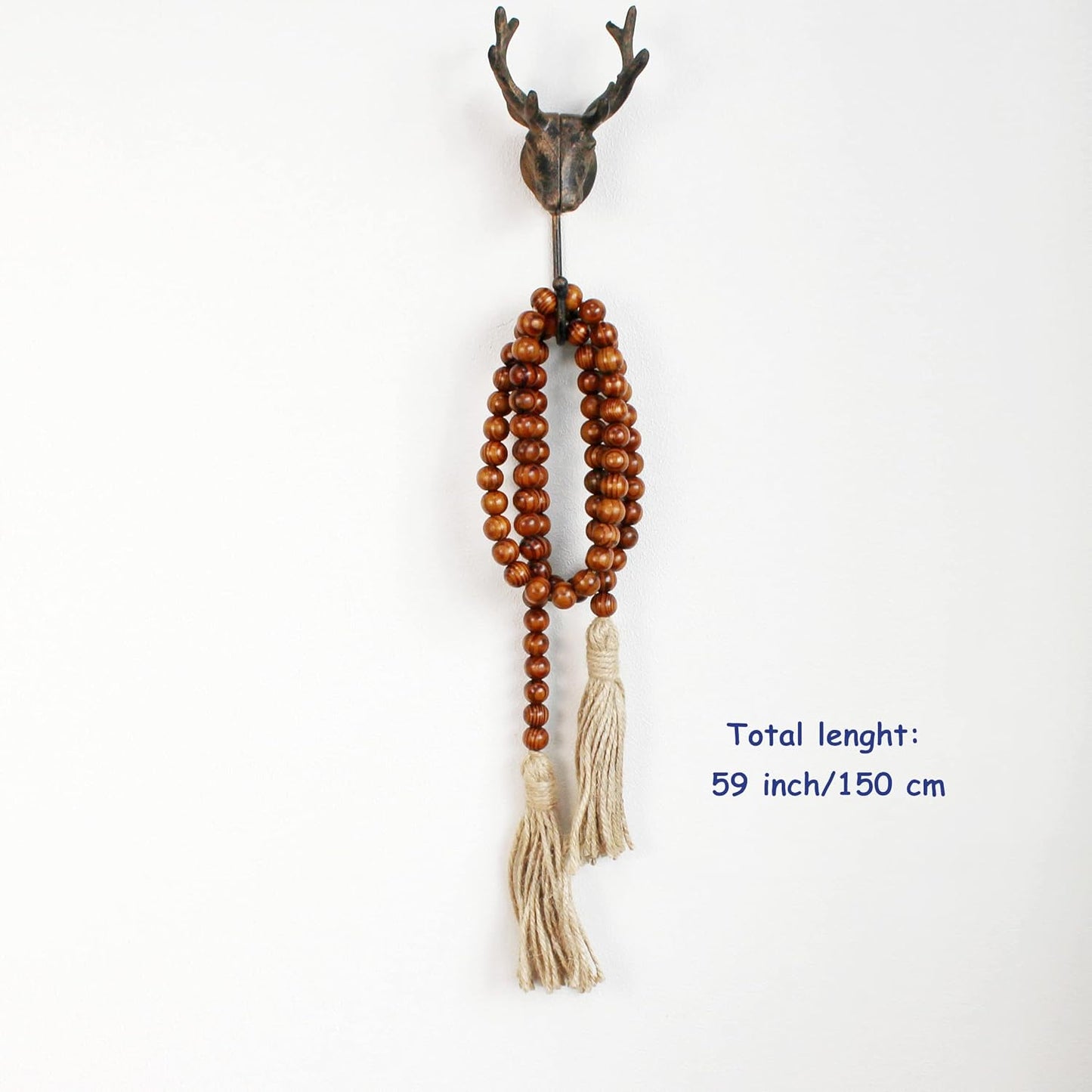 CVHOMEDECO. Wood Beads Garland with Tassels Farmhouse Rustic Wooden Prayer Bead String Wall Hanging Accent for Home Festival Decor. Mix Distressed