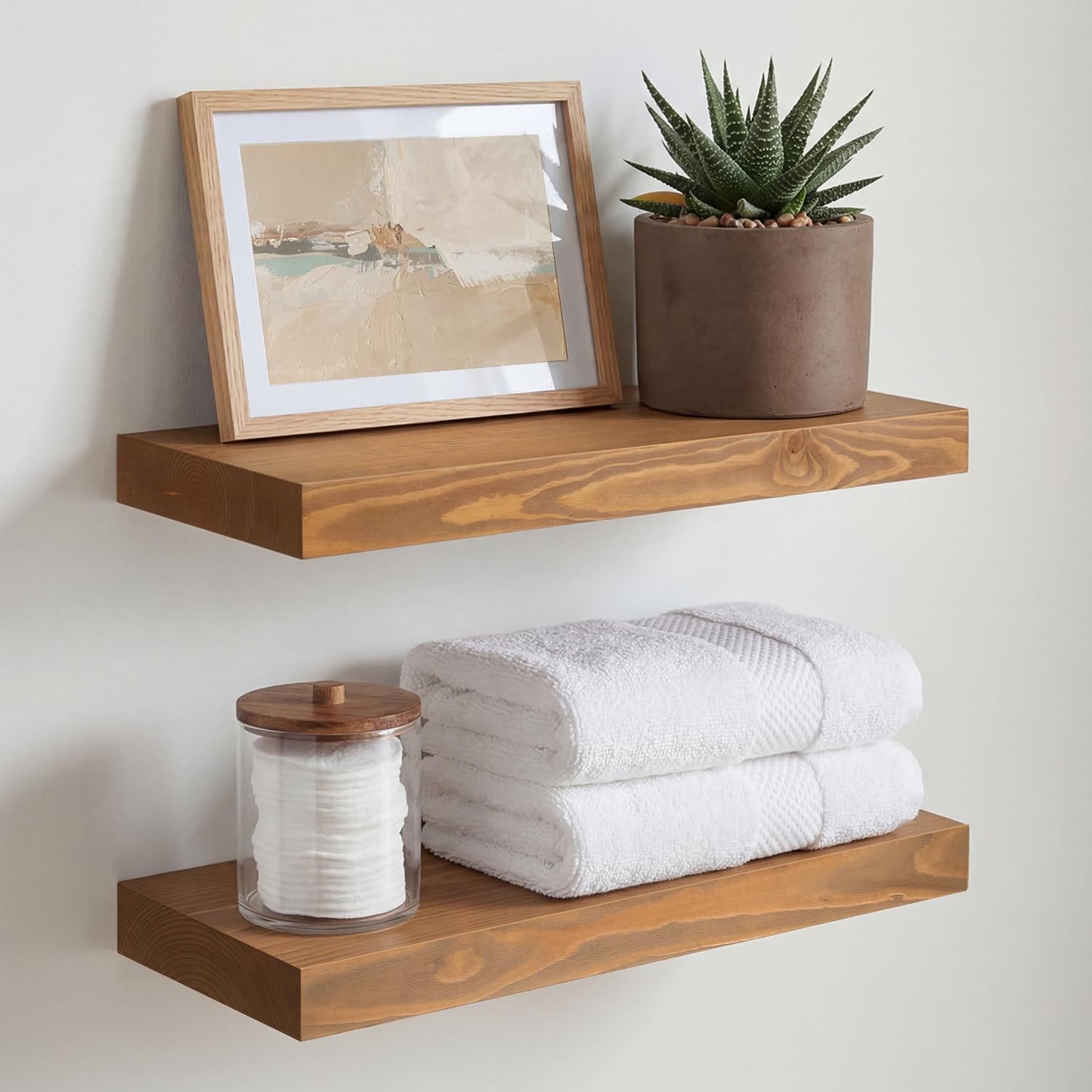 Homeforia 24 inch Natural Floating Shelf, High End Solid Real Wood 24inch Small Floating Shelves for Wall Mounted, Natural Wooden Floating Shelves, Heavy Duty Bracket, 24 X 6.5 X 1.75 in, Set of 2