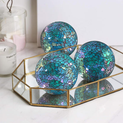 3Pcs Mosaic Glass Orbs Decorative Balls Set 8.5cm/3.35inch Blue Sphere Wedding Party Home Decor Table Centerpiece