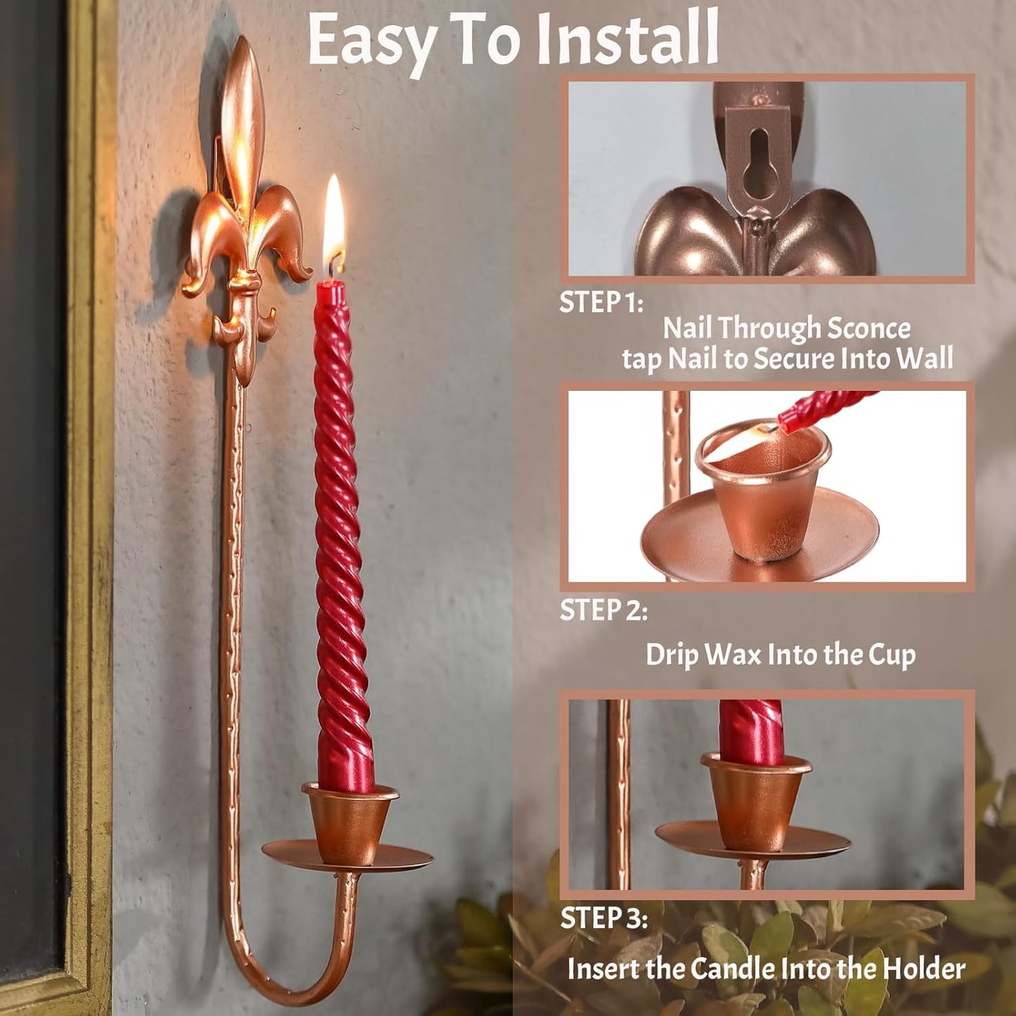 Fleur De Lis Wrought Iron Candle Sconces Set of 2, Rustic Candle Holders Hanging for Living Room Farmhouse Fireplace Wedding (Antique Copper)