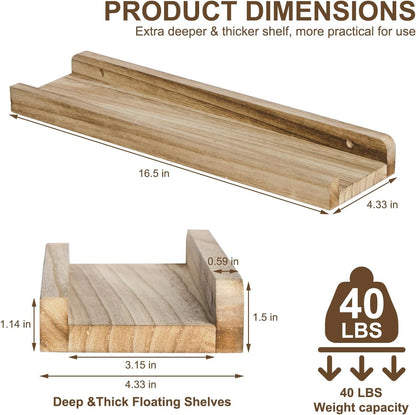 Floating Shelves Set of 3, 16.5 Inch Wood Picture Ledge Shelves for Wall Mounted Display in Bedroom, Living Room, Kitchen(Brown)