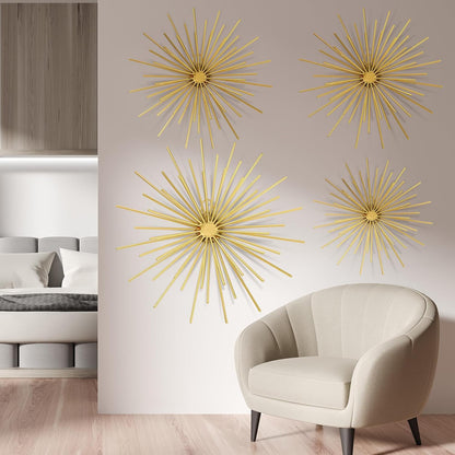 Shimeyao 4 Pcs Metal Starburst Wall Decor Black Metal Wall Art 3D Spike Bling Finish Star Burst Hangings Accents Sculptures Set Modern Mid Century Decorations for Living Room Bedroom Entryway