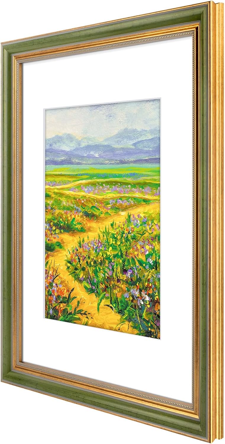 Golden State Art,11x14 Ornate Picture Frame for 8x10 Photo with Mat or 11 x 14 Prints without Mat,Real Glass Wall Display(Color:Green Gold)